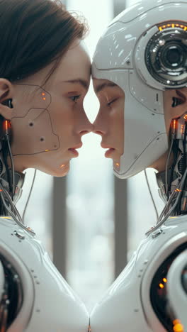 robot cyborg femminili abbracciati e innamorati fatti con ia generativa
