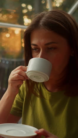 mujer tranquila bebiendo café disfrutando de la vista desde la ventana panorámica al atardecer en una noche cálida. vacaciones tropicales en un edificio turístico moderno rodeado de árboles de diferentes tipos