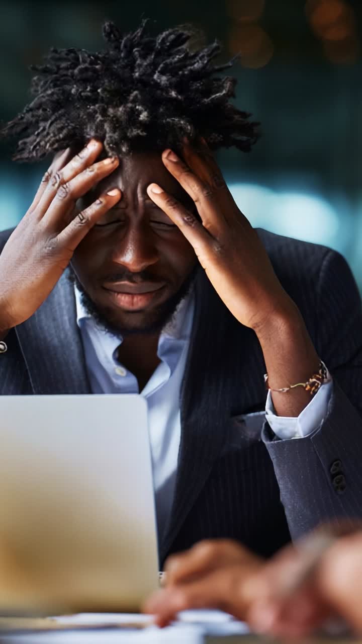 A stressed individual in a business setting experiences frustration while working on a laptop, showcasing the challenges of modern work life and mental pressure