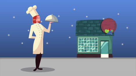trabajadora de chef femenina con animación de fachada de restaurante vegano
