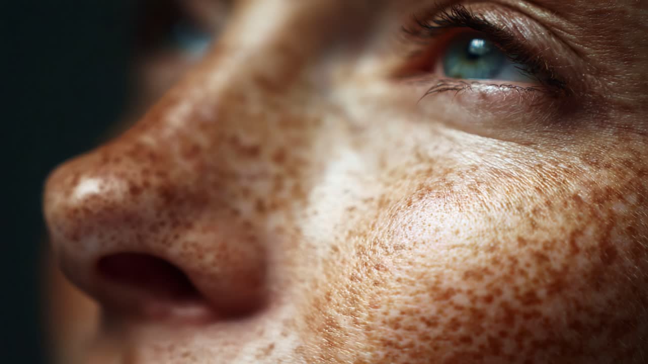 A Close-Up Exploration of Freckles and Textured Skin: Captivating Details of a Unique Complexion and Intriguing Eye Color Highlighting Natural Beauty