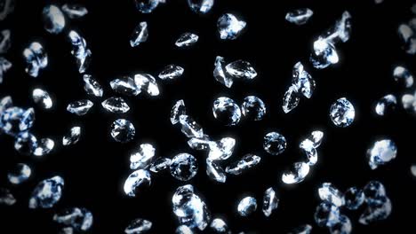 flying many jewelry diamonds on black background. shine transparent, precious gem. 3d animation of brilliant diamonds rotating. loop animation.