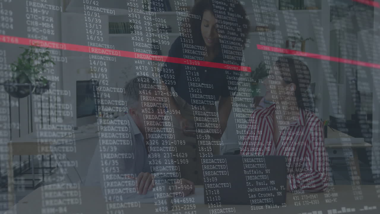 Collaborating over digital data and code overlay, business team working in office