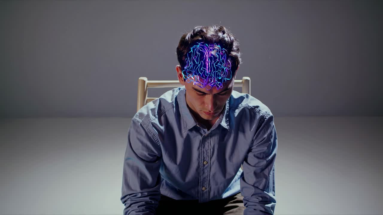 Visualization of thought process with glowing brain superimposed on a young man sitting on a chair in a gray studio, isolated on a white background