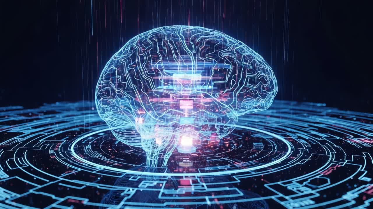 Visualization of a Futuristic Digital Brain in a High-Tech Environment, Representing AI and Neural Networks Processing Information in a Cyberspace Framework