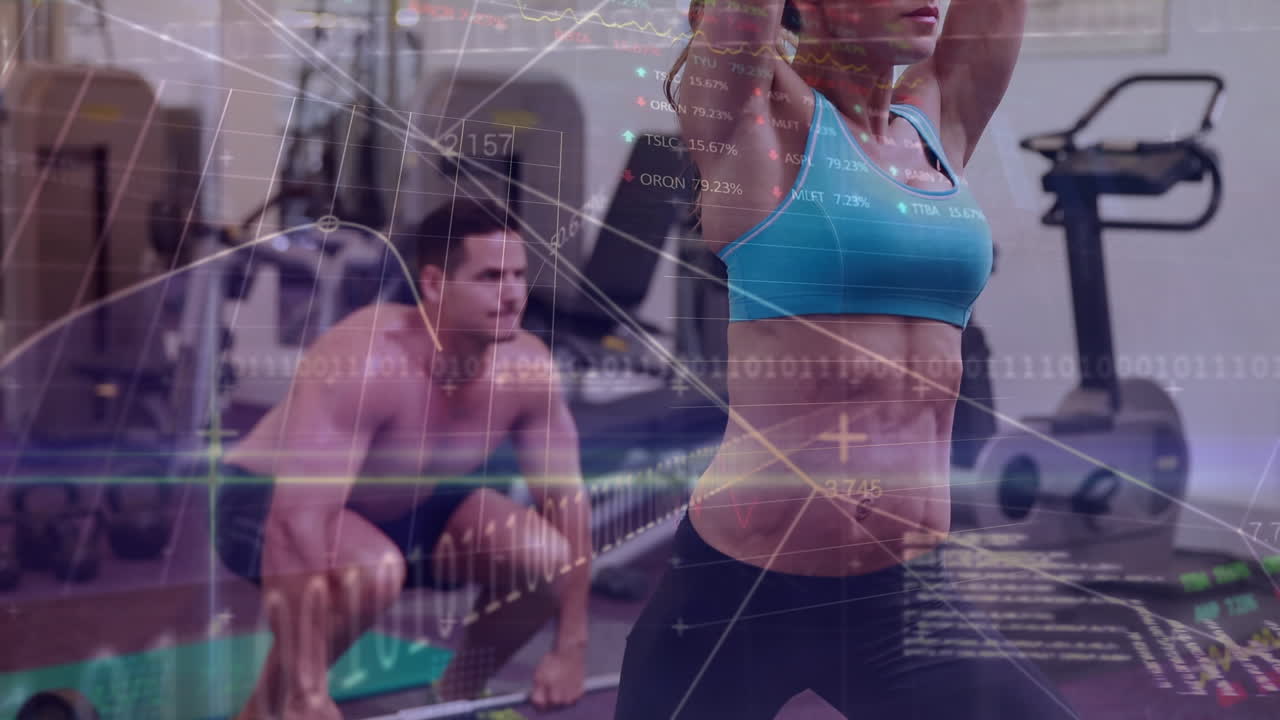 animación de estadísticas y procesamiento de datos sobre hombre y mujer caucásicos en forma que hacen ejercicio con pesas