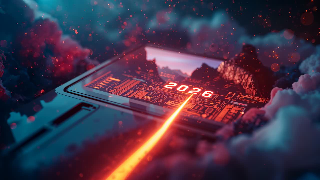 Sweeping beam from lower edge activating circuit module on clouds, aiming to illuminate 2026 text