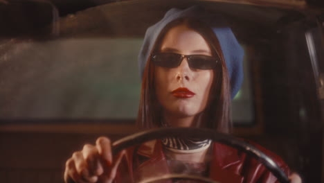 stylish lady vibing to music as driving retro car on rainy night
