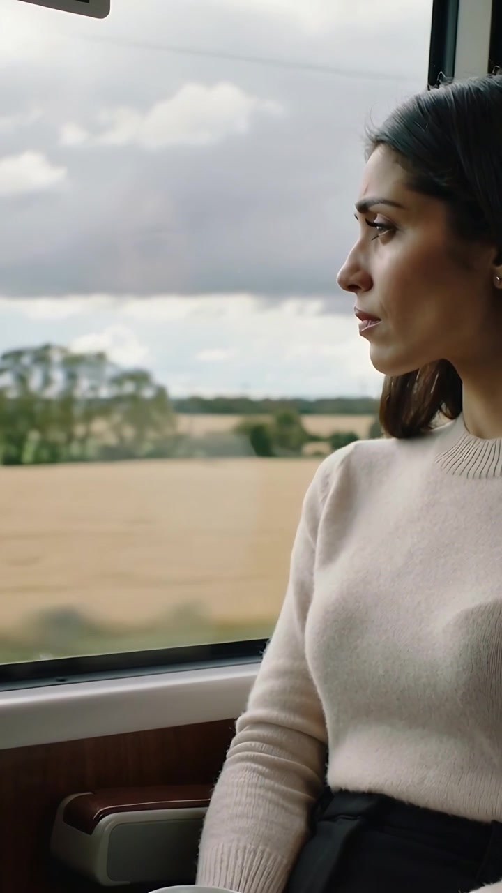 Video verticale: Treno in movimento, donna in maglia color crema che osserva fuori dal finestrino, pensierosa, spazio per il testo.