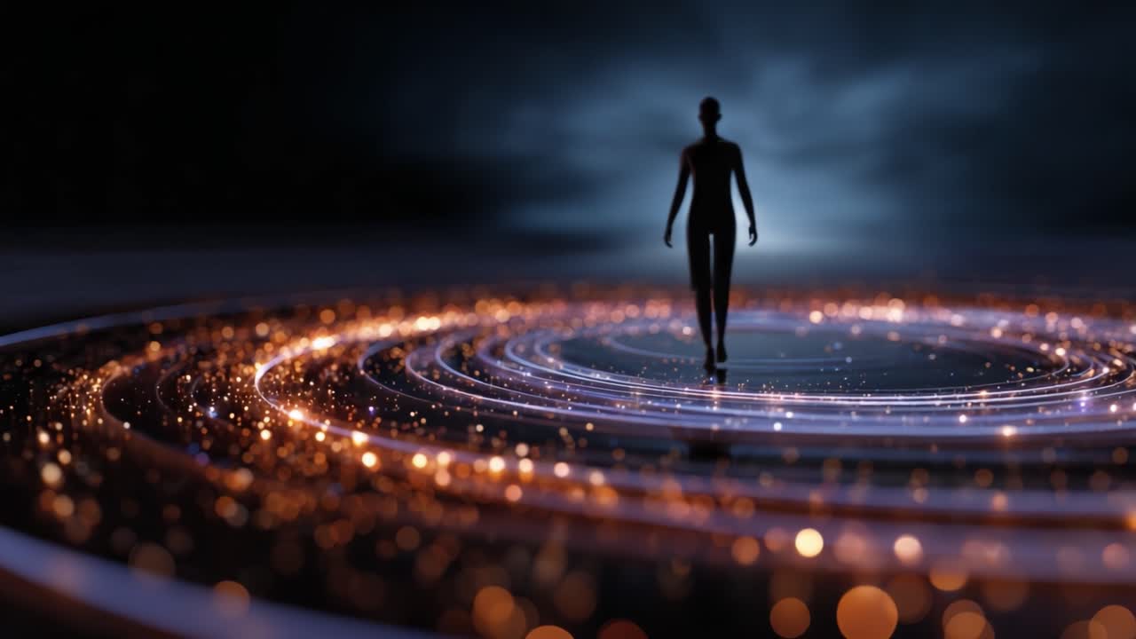 Ethereal silhouette surrounded by swirling lights, representing a journey through a cosmic realm with glowing particles and an aura of mystery in a surreal atmosphere