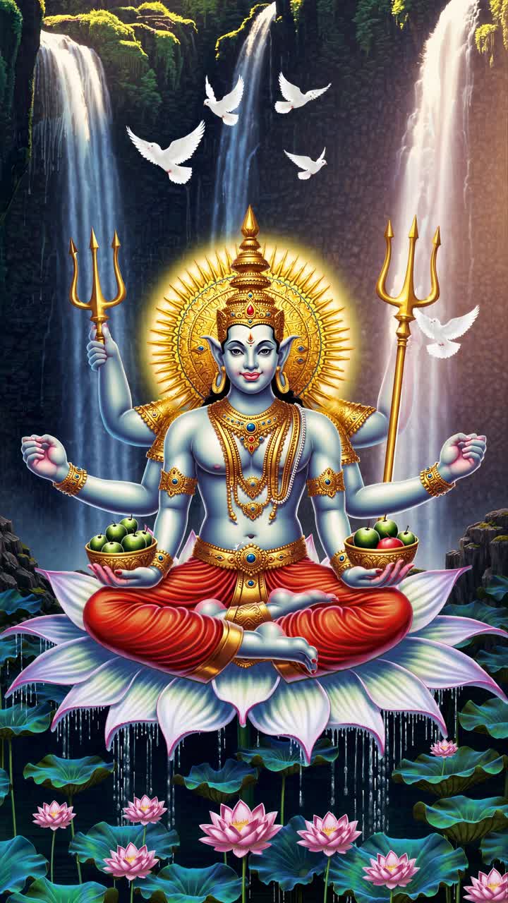 Arte digital vibrante de uma divindade com vários braços, sentada em um lótus, cercada por cachoeiras