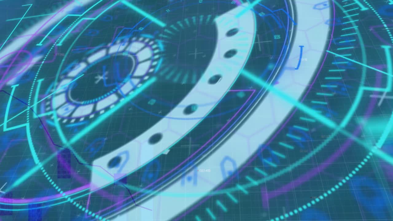 푸른 배경에 대한 통계 데이터 처리에 대한 네온 둥근 스캐너의 디지털 애니메이션