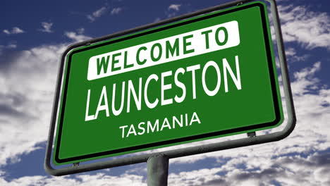 Welcome-to-Launceston,-Tasmania,-Australia,-City-Road-Sign,-Realistic-3D-Animation