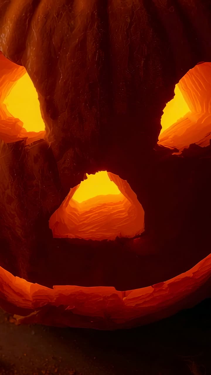 Vertical video: Flickering candle inside carved pumpkin casting glow and shadows on dark tabletop