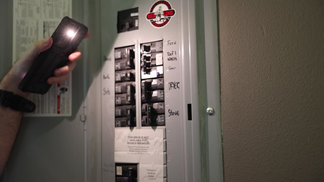 정전 중에 전원 스위치를 뒤집는 남자