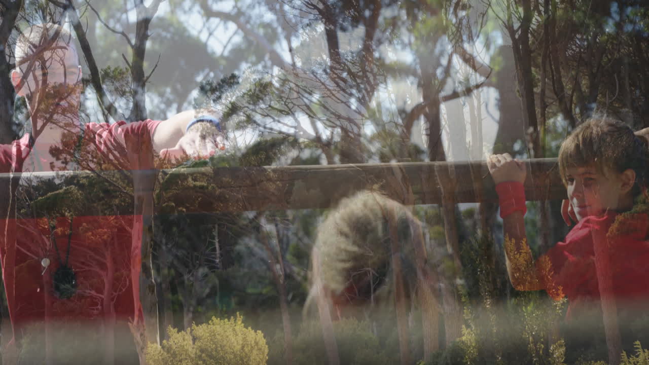 Waving hand, child sees reflection of trees and bushes in window animation