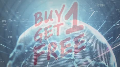animation of text buy 1 get 1 free, on rotating globe with shooting stars, on night sky