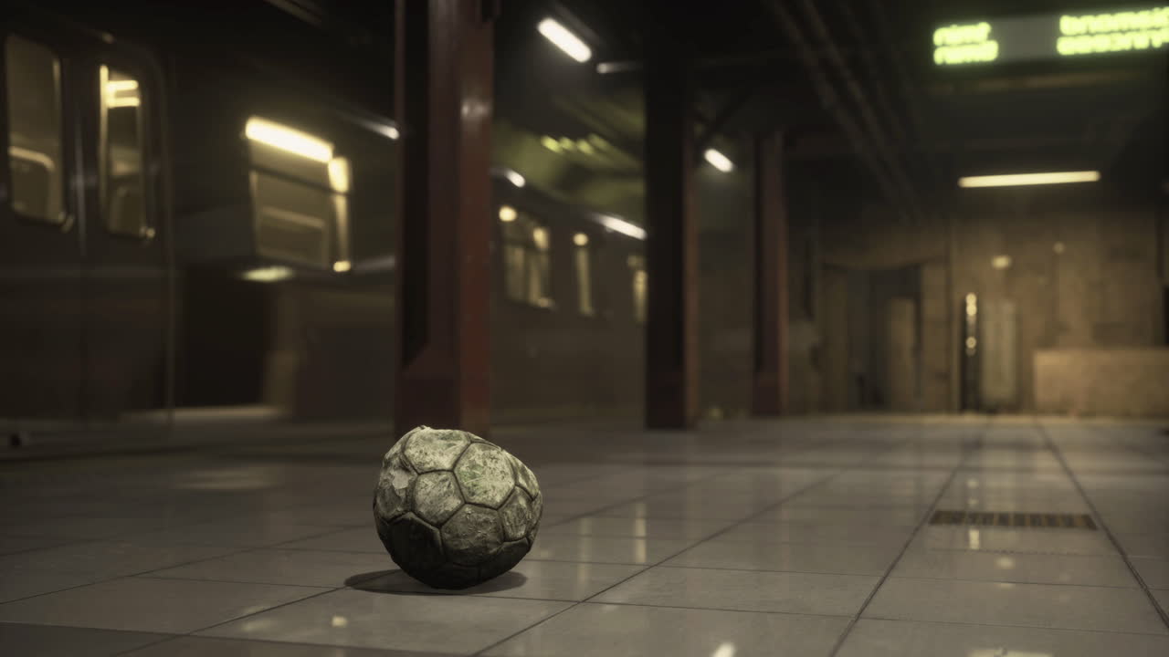 Old soccer ball rests on a deserted subway station floor at twilight
