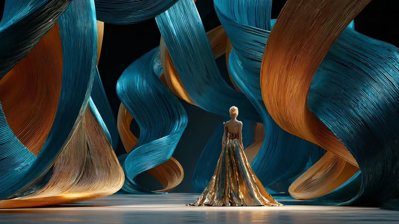 Elegant Woman in Gold Dress Surrounded by Flowing Blue and Gold Fabric