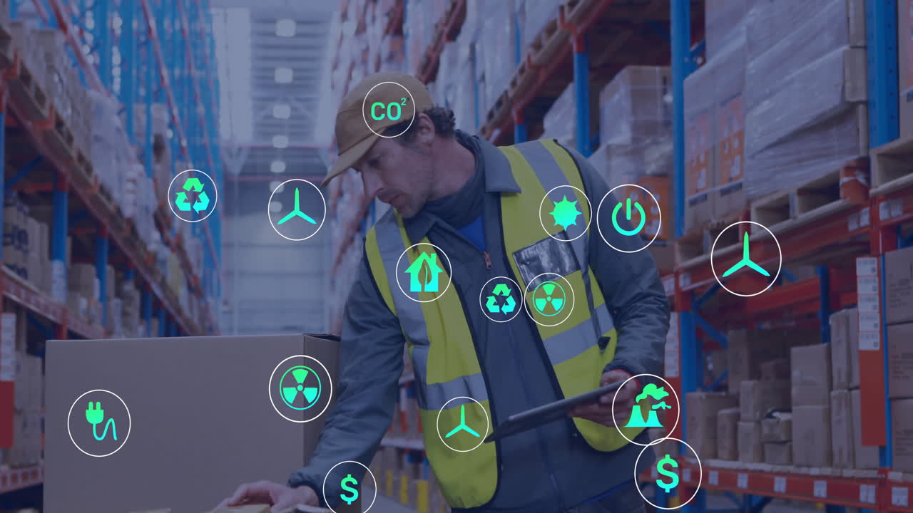Using tablet, warehouse worker with eco-friendly icons overlaying screen