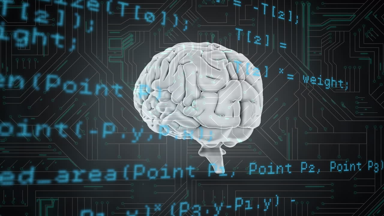 Data processing over spinning human brain against microprocessor connections on grey background