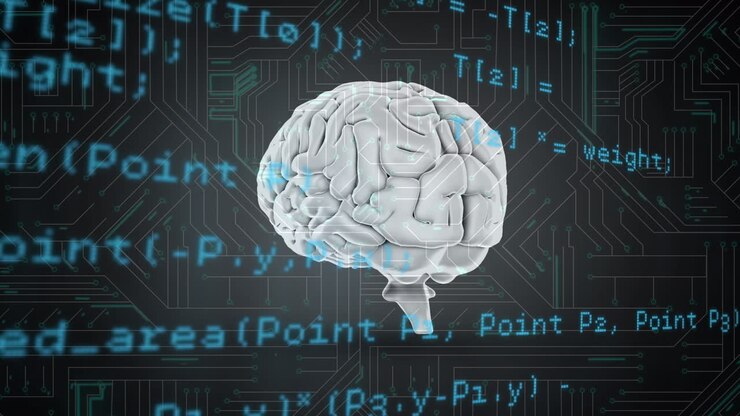 Data processing over spinning human brain against microprocessor connections on grey background