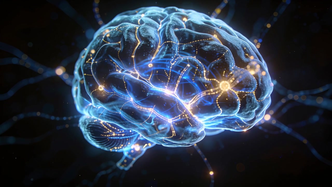 Reacting to node glow, clear 3D brain pulsing in dark space with golden nodes, suggesting activity