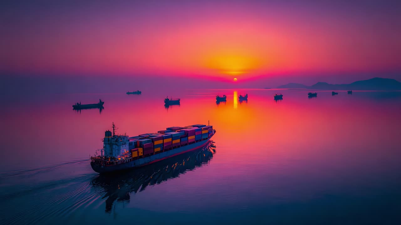 A Majestic Sunset at Sea: A Shipping Vessel Navigates Through Calm Waters, Surrounded by Silhouetted Cargo Ships Against a Colorful Twilight Sky