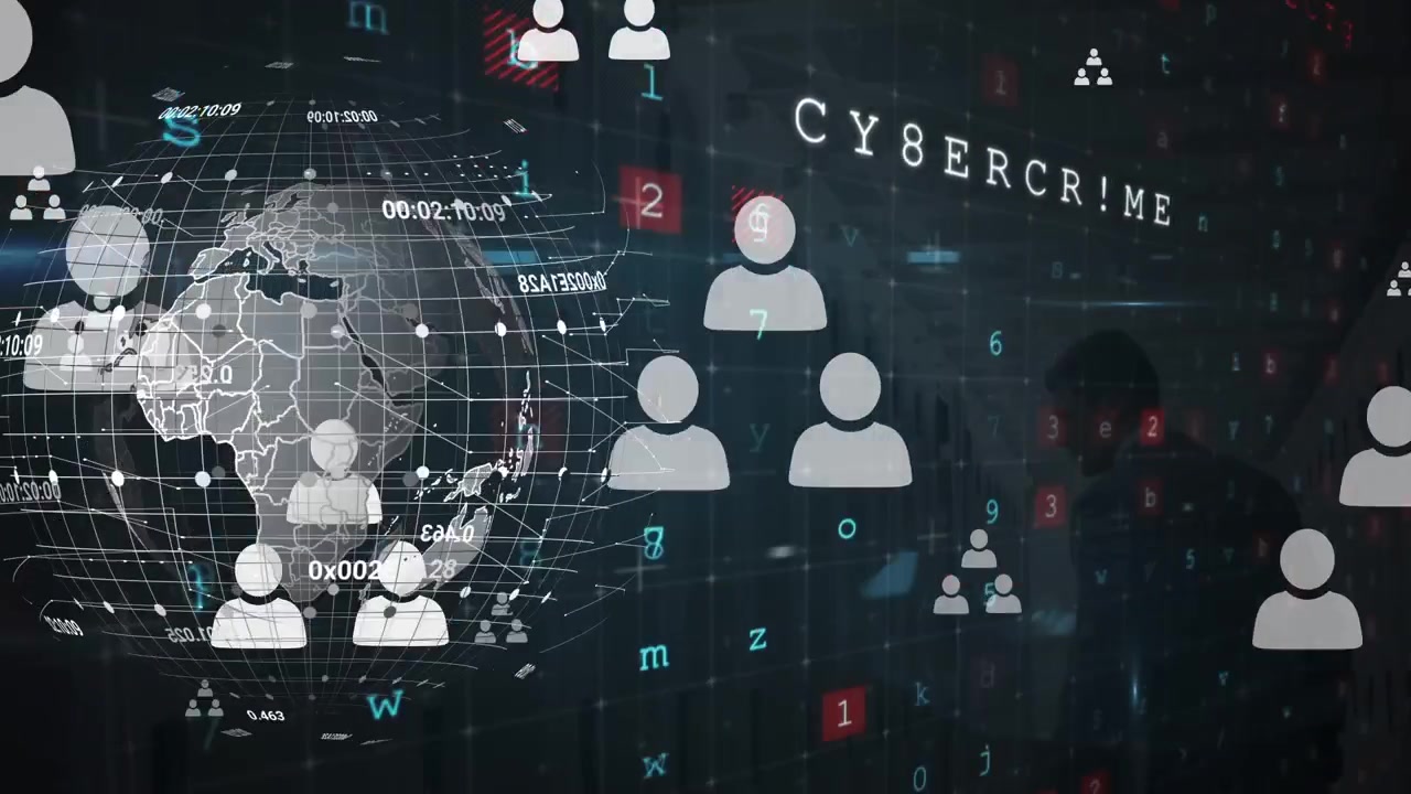 Animation of use icons, globe and cyber crime on black background