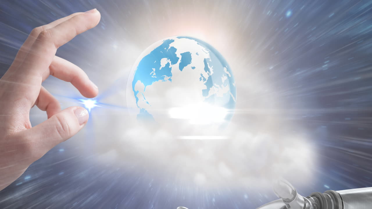 우주에서 지구에 대항하는 로 ⁇  손과 인간의 손의 디지털 애니메이션