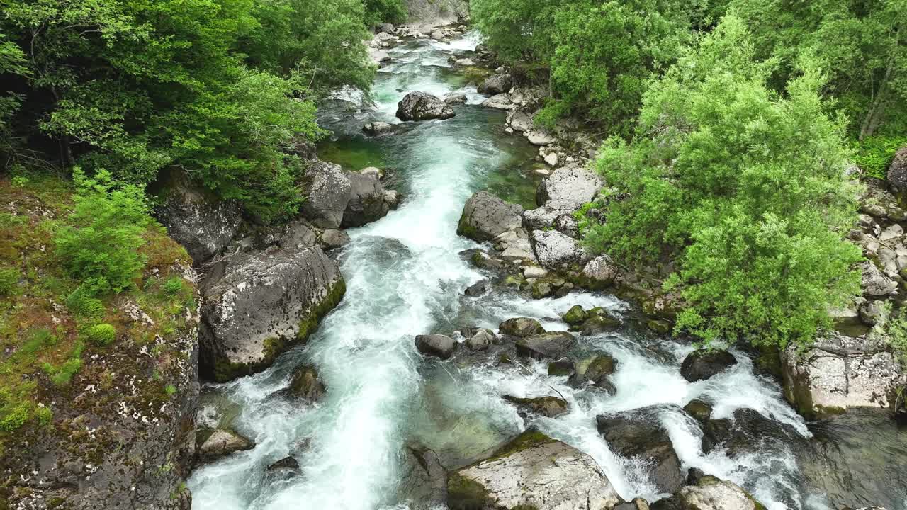 Corso d'acqua del fiume tra le pietre, foresta del Parco Naturale della Valle di Logar, Slovenia, atmosfera verde e blu in slow motion