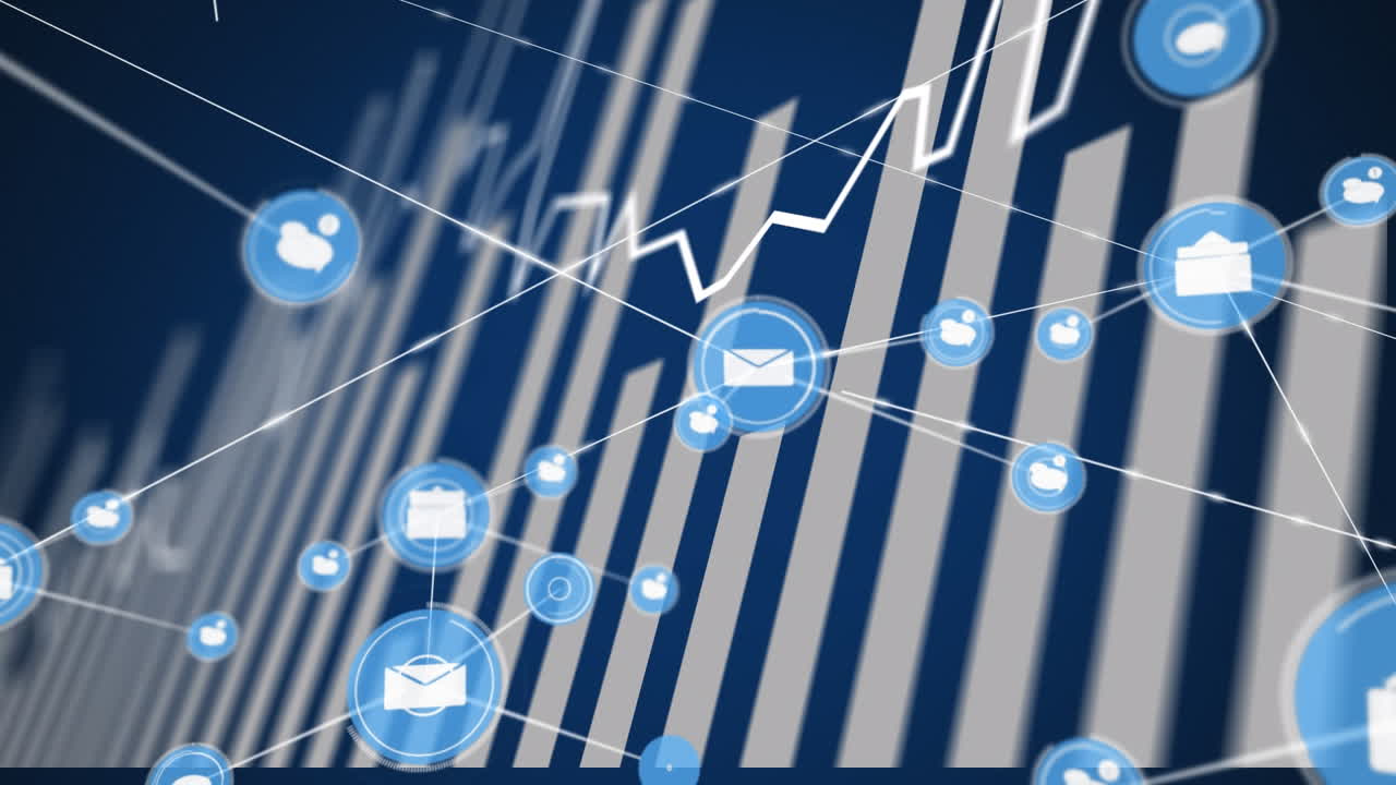 animación de la red de iconos digitales y procesamiento de datos estadísticos contra un fondo azul