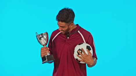 excited, football and face of a man with a trophy