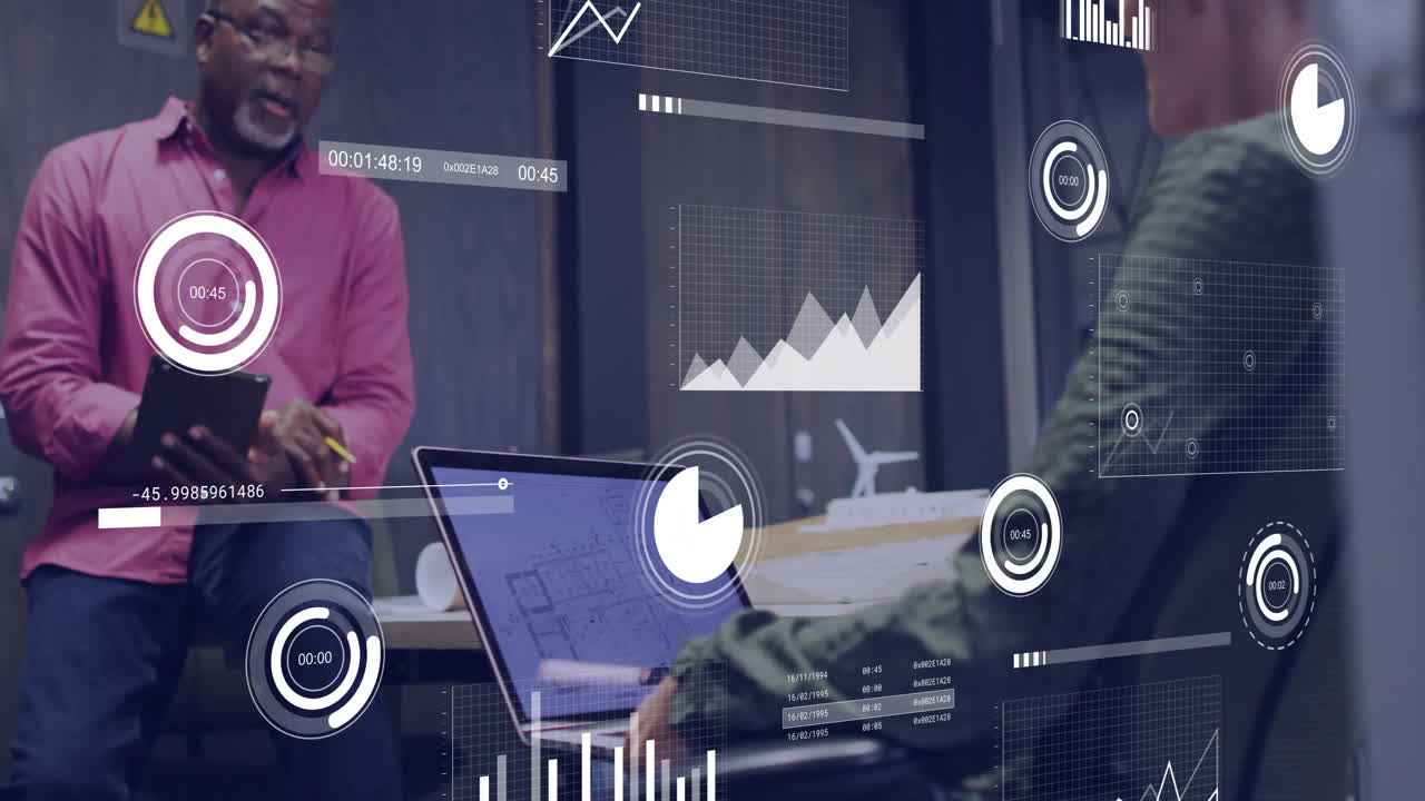 Animation of financial data processing over diverse business people in office