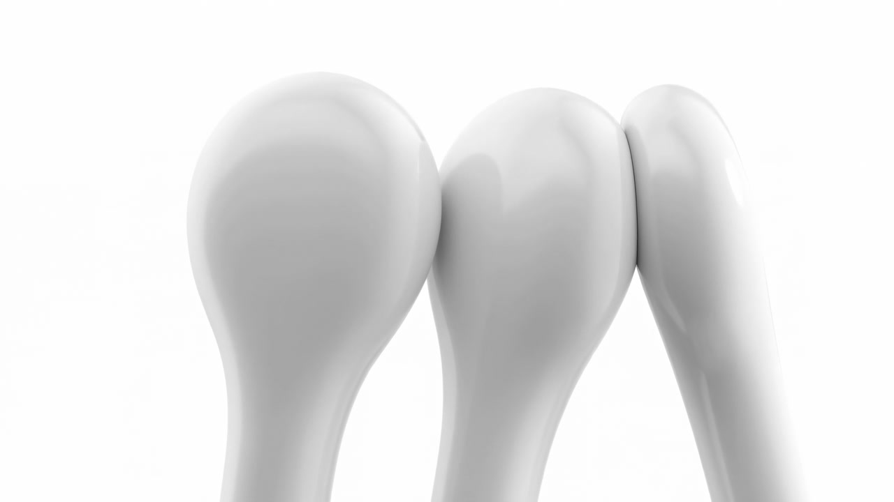 Three glossy white organic forms drawing together in close-up from low angle, with smooth rounded surfaces, bright reflections, and visible contact in minimal studio setting