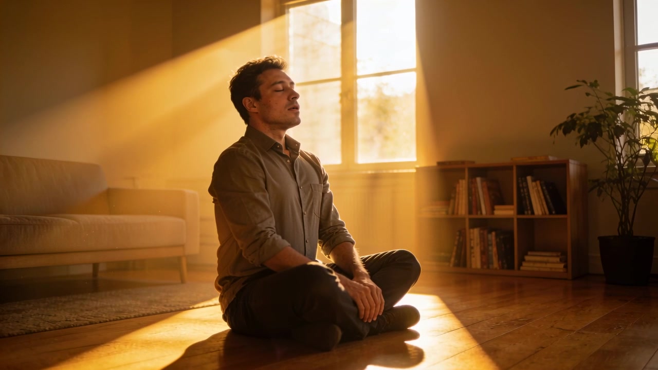 Homem de camisa de manga comprida a aquecer-se, levantando o rosto em direção à janela iluminada em piso de madeira, meditando.