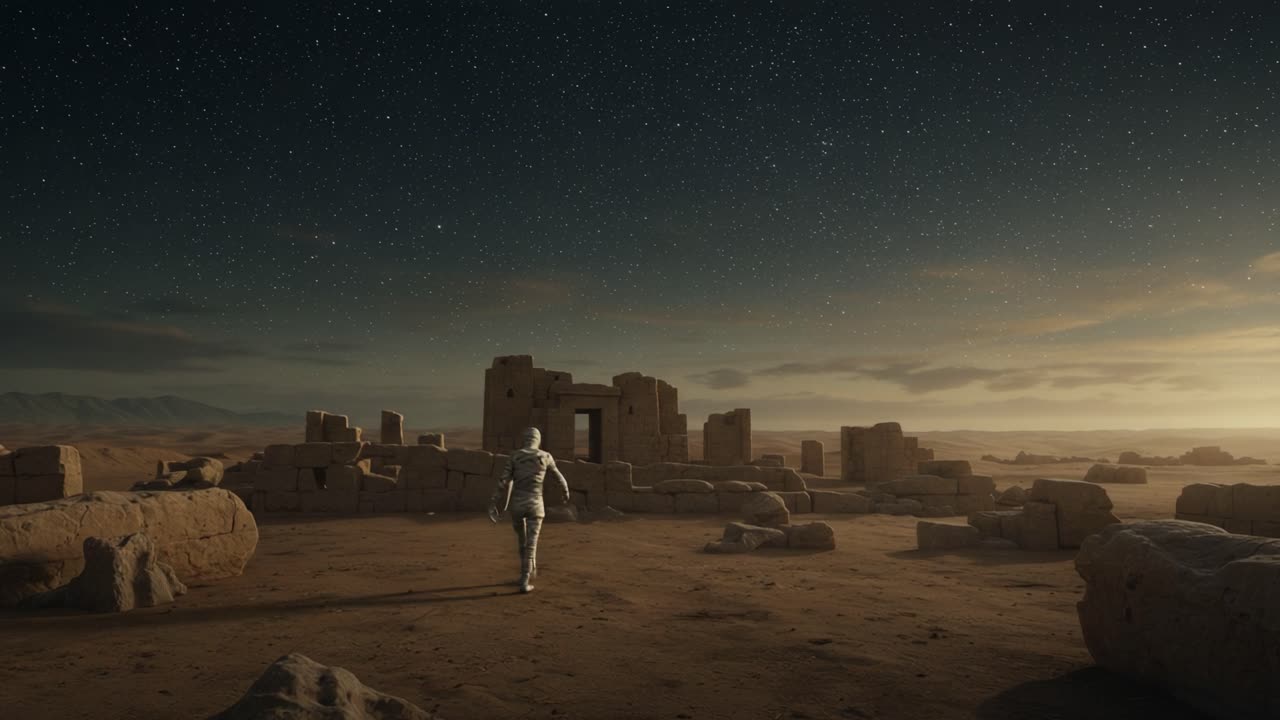 An Astronaut Explores Ancient Ruins Under a Starry Sky, Capturing the Mysterious Atmosphere of a Forgotten Civilization on a Distant Planet