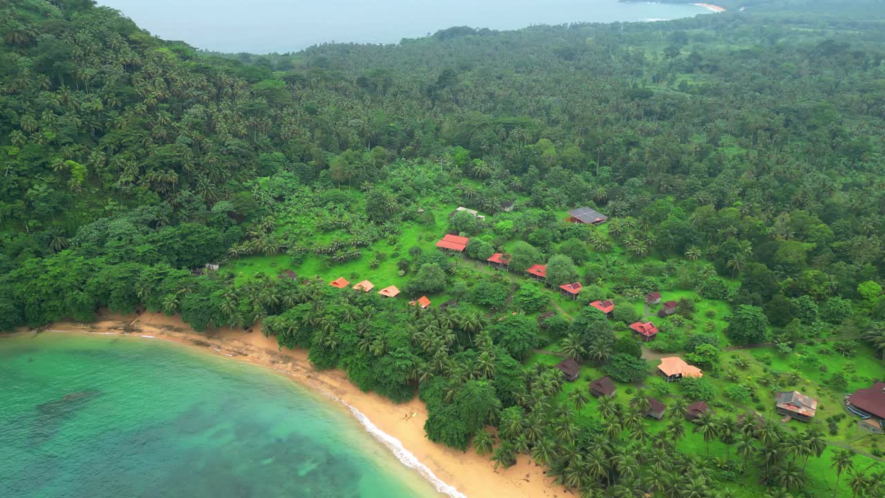 Aerial circular view from Inhame beach and resort in the south of São Tomé e Principe,Africa