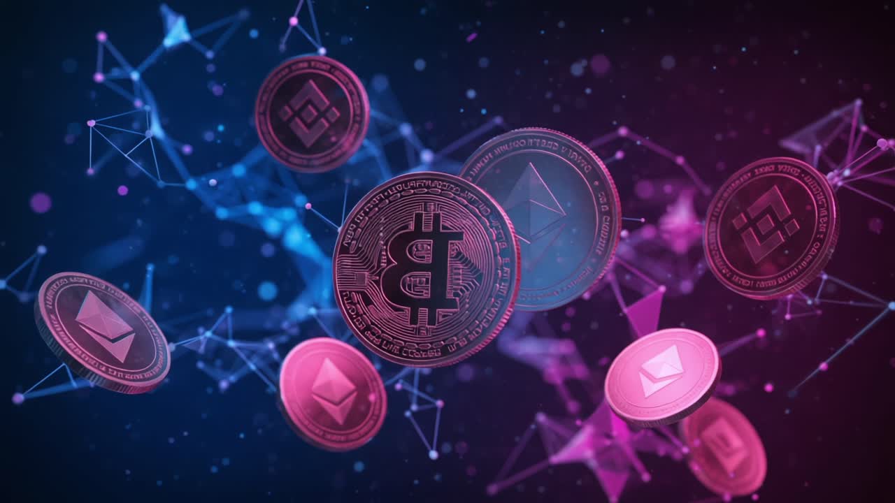 A Dynamic Visual Display of Cryptocurrency: Bitcoin and Ethereum Floating in the Digital Realm with Connections and Network Representations