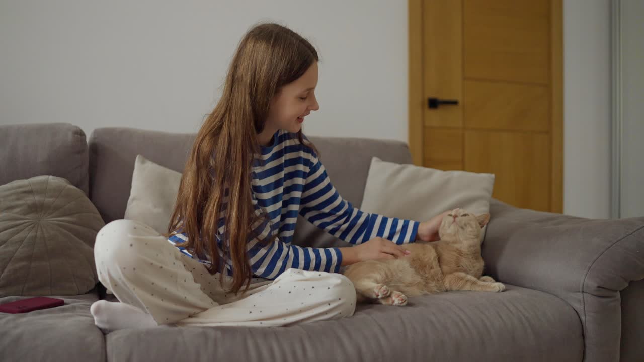 Girl petting a cat on the couch
