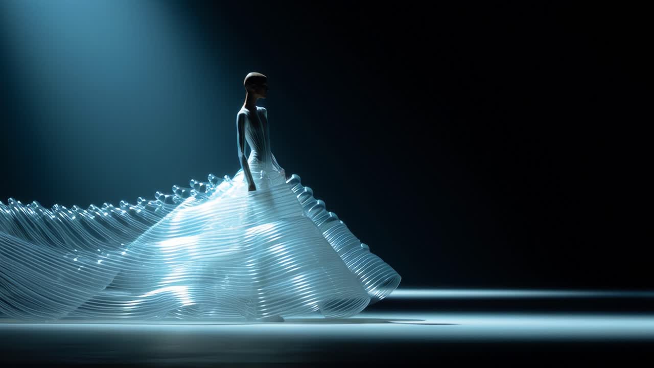 Elegant Fashionista Showcases a Stunning Avant-Garde Dress Made of Clear Plastic Tubing, Walking Gracefully in a Dramatic Spotlight with a Stylish Yet Innovative Design