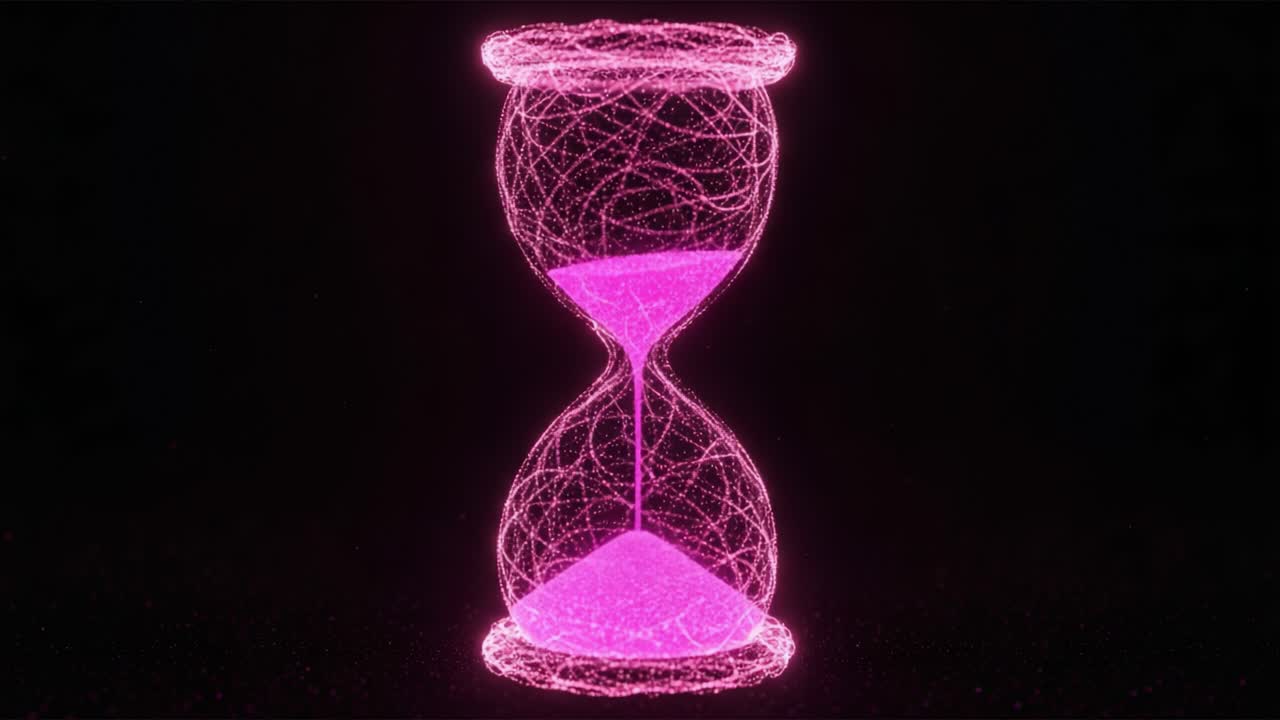 A mesmerizing digital hourglass transitions through time, showcasing vibrant pink particles swirling in a glowing network of energy that captivates the viewer's imagination