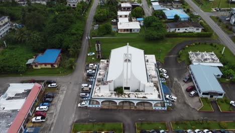 aerial drone shot of a church and city view