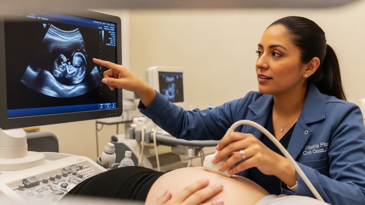 Un operatore sanitario mostra una procedura ecografica a dei futuri genitori, visualizzando il feto in sviluppo sullo schermo e fornendo informazioni utili sul percorso della gravidanza durante un esame medico