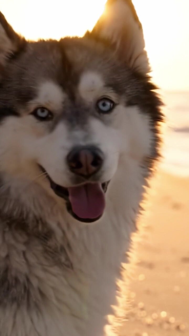 Un bellissimo Siberian Husky che si gode il tramonto su una spiaggia, mettendo in risalto i suoi abbaglianti occhi azzurri e l'espressione allegra in un sereno paesaggio costiero