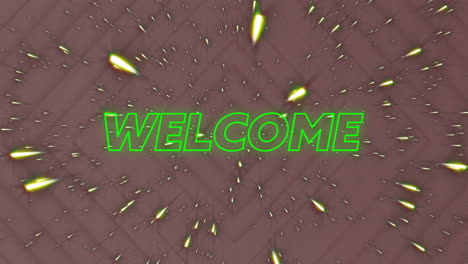 Animation-of-welcome-neon-text-over-light-trails-on-dark-background