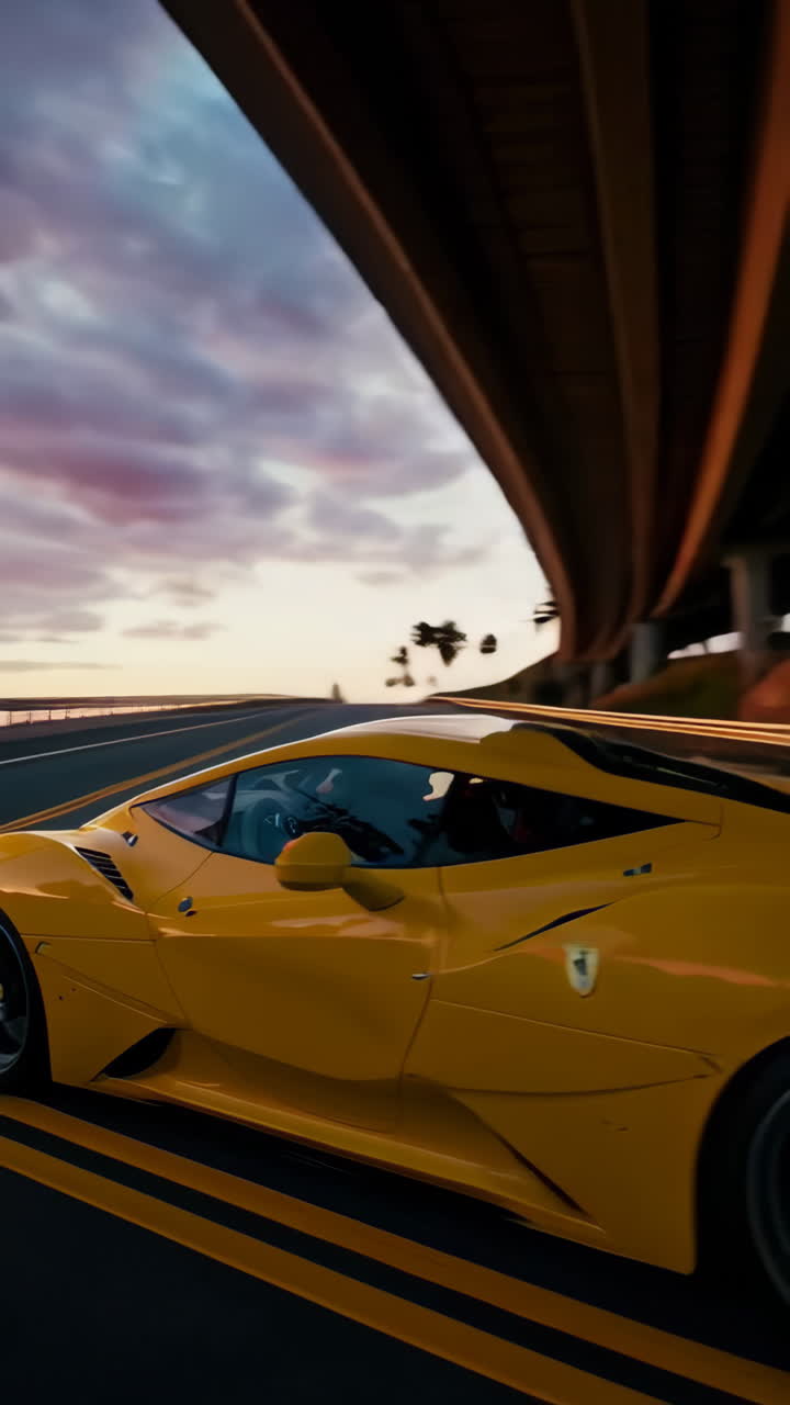 Yellow Sports Car on a Highway at Sunset