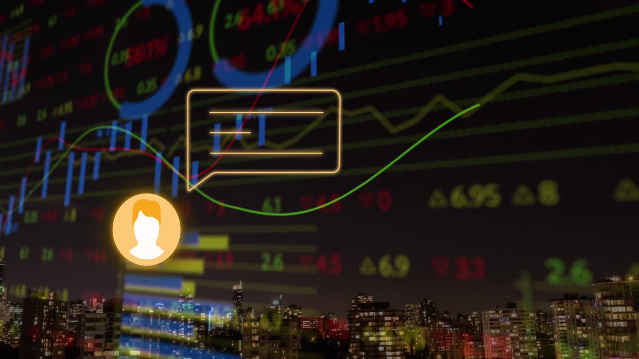 야간 도시 풍경에 대한 주식 시장 데이터 처리를 통해 프로필 및 메시지 아이콘의 애니메이션