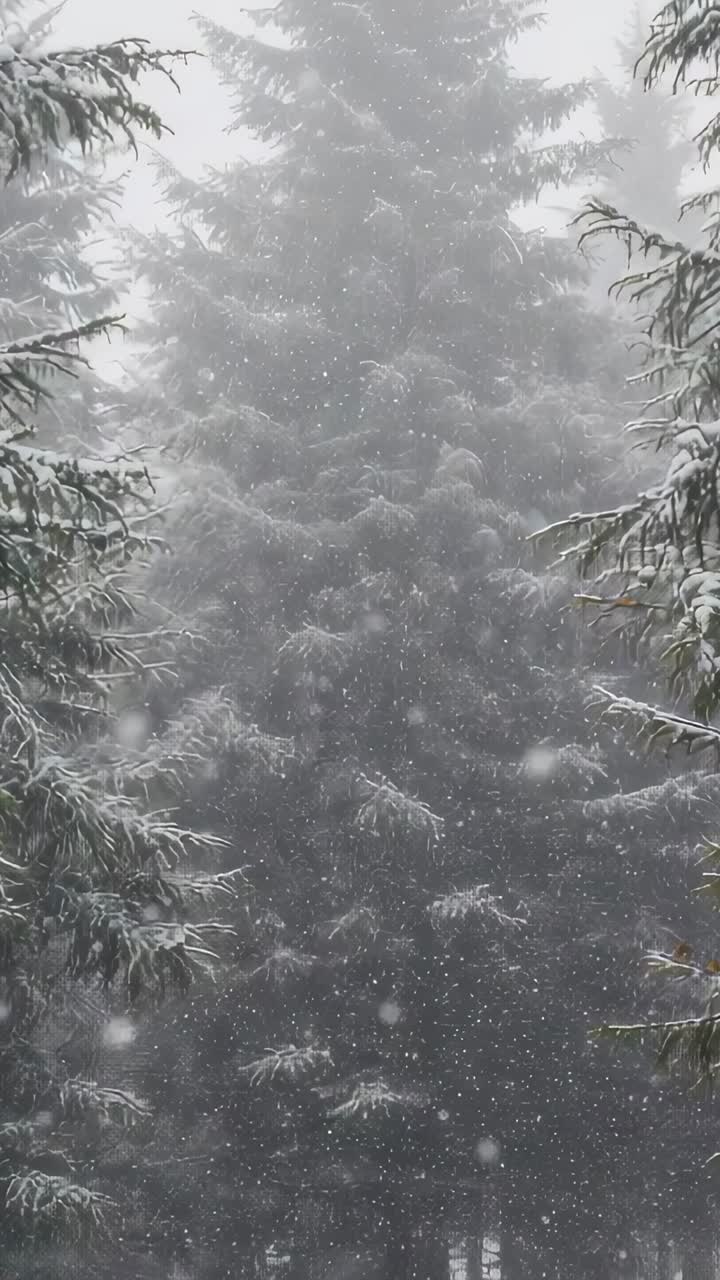 Video verticale: nebbia che cattura una raccolta centrale di conifere ricoperte di neve nel cortile, con schermo
