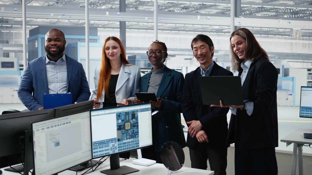 Portrait of smiling multiethnic engineering team optimizing PCB production